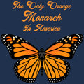 Orange butterfly with text 'The Only Orange Monarch In America' on a dark blue background
